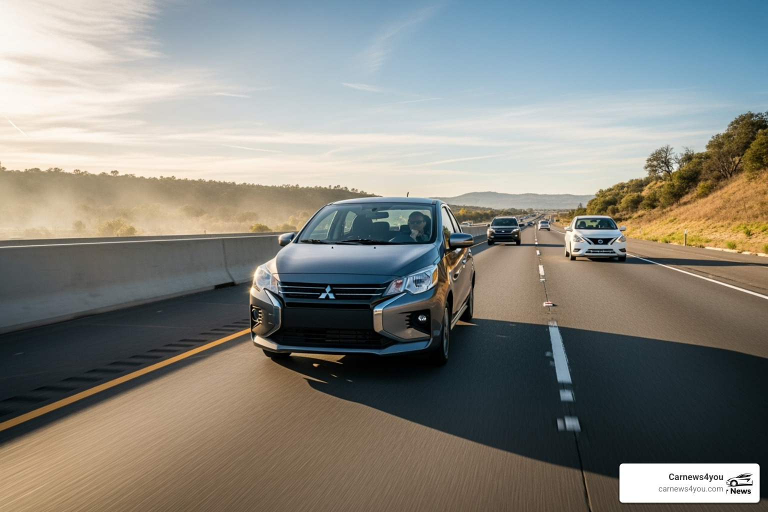 A 2024 Mitsubishi Mirage or Nissan Versa driving on a highway - highway mileage cars A 2024 Mitsubishi Mirage or Nissan Versa driving on a highway - highway mileage cars