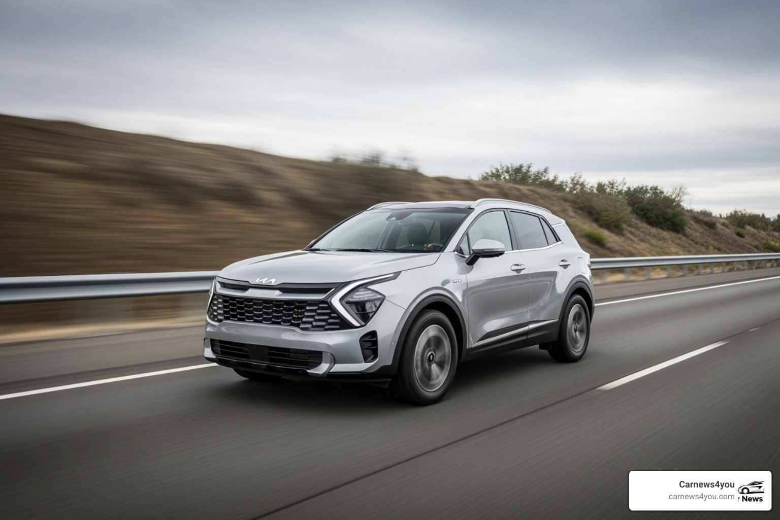 A fuel-efficient SUV like the Kia Sportage Hybrid driving on a highway - highway mileage cars A fuel-efficient SUV like the Kia Sportage Hybrid driving on a highway - highway mileage cars
