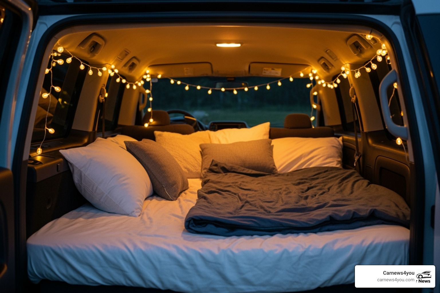 SUV interior with mattress, pillows, and string lights - best small suv to sleep in SUV interior with mattress, pillows, and string lights - best small suv to sleep in
