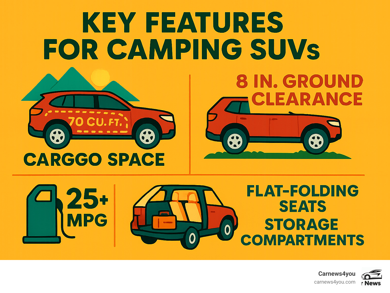 Infographic showing key features for camping SUVs including cargo space measurements, ground clearance requirements, fuel efficiency ratings, and essential interior features like flat-folding seats and storage compartments - best small suv to sleep in infographic Infographic showing key features for camping SUVs including cargo space measurements, ground clearance requirements, fuel efficiency ratings, and essential interior features like flat-folding seats and storage compartments - best small suv to sleep in infographic
