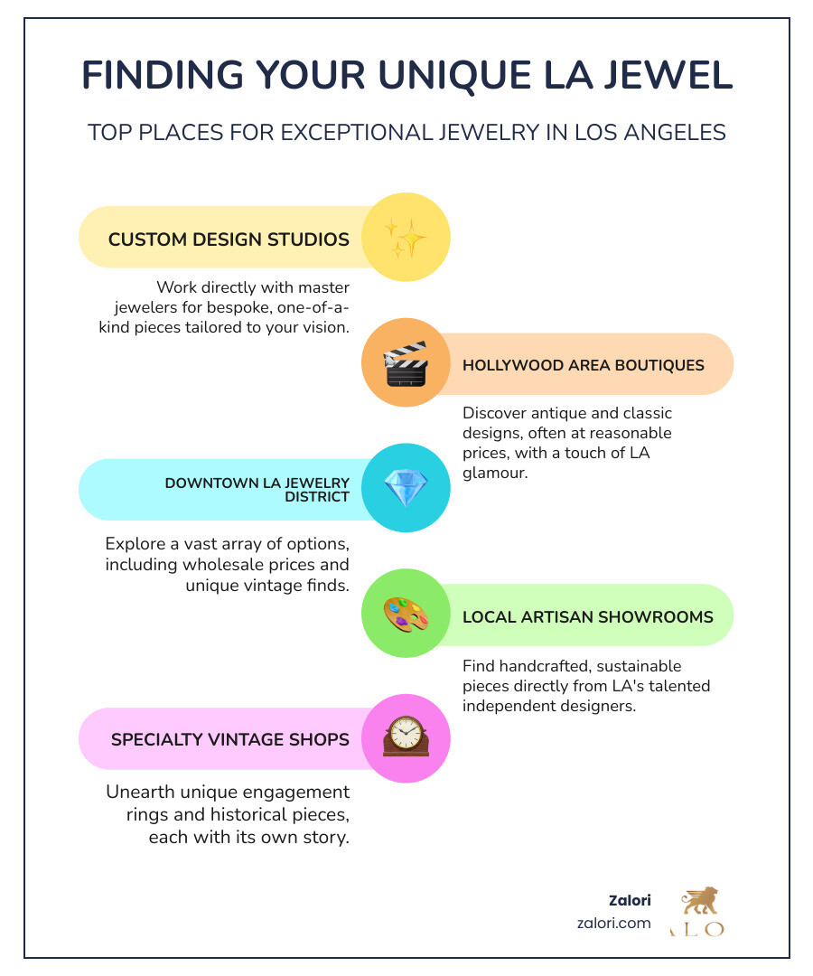 Infographic showing Los Angeles jewelry market statistics including number of custom jewelers, average price ranges for bespoke pieces, most popular gemstone choices, and percentage of consumers choosing ethical sourcing options - Unique jewelry Los Angeles infographic infographic-line-5-steps-colors
