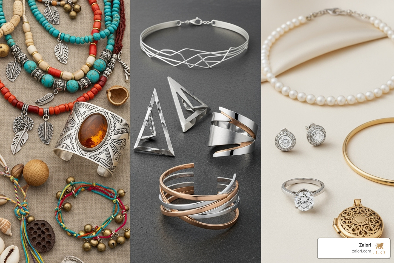 collage featuring different jewelry styles like bohemian, edgy, and classic - Unique jewelry Los Angeles