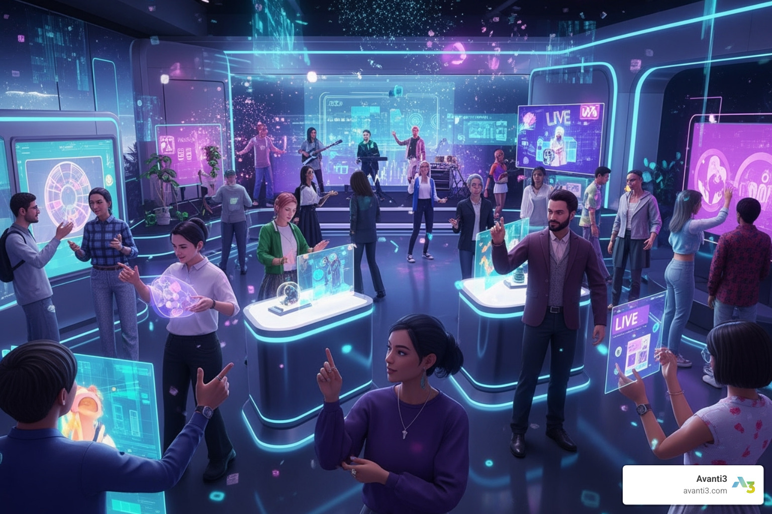 a vibrant digital community interacting with a brand's metaverse space - NFT marketing campaigns
