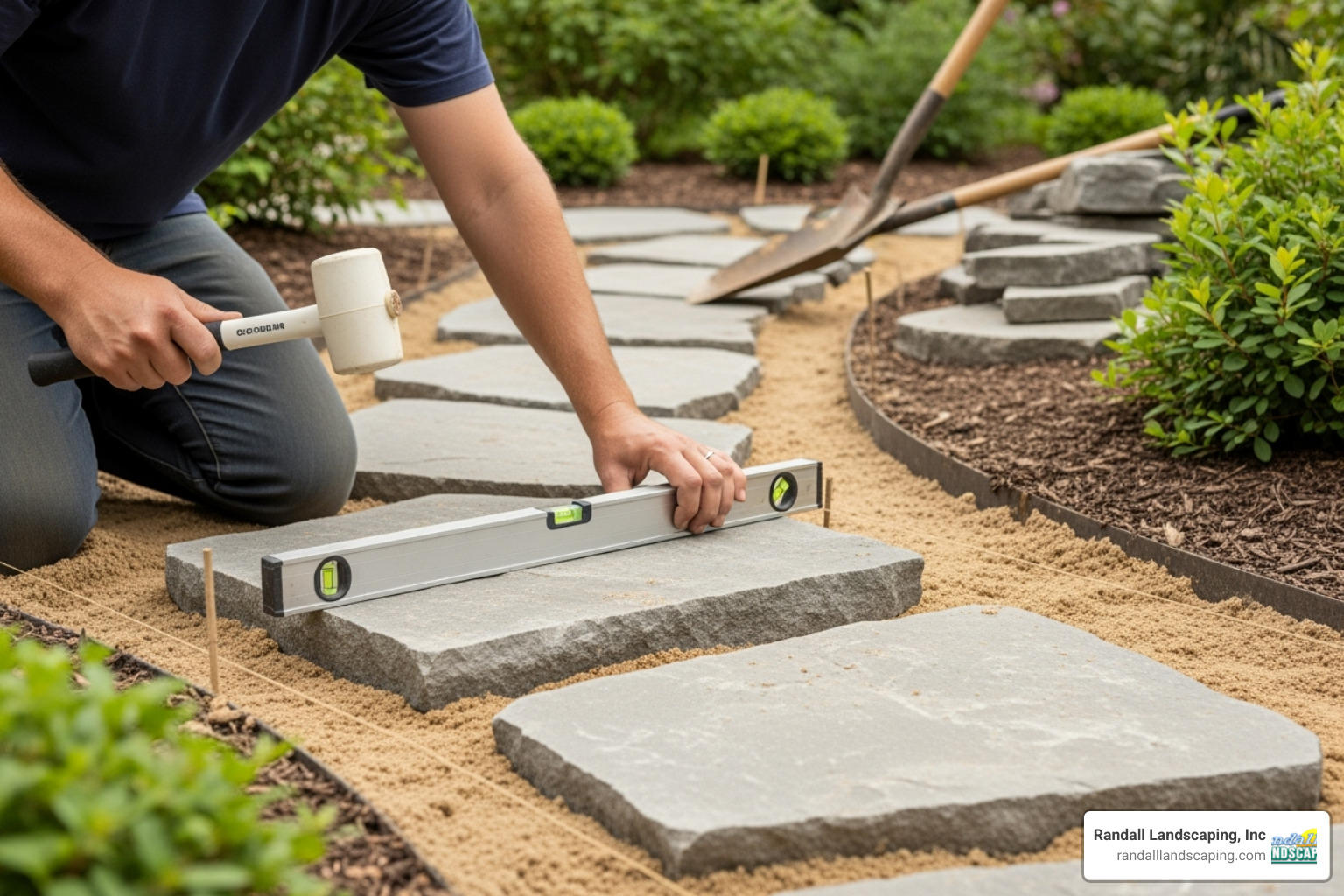 installation process, showing a person setting a stone into a sand base with a rubber mallet and level - walkways with stepping stones installation process, showing a person setting a stone into a sand base with a rubber mallet and level - walkways with stepping stones
