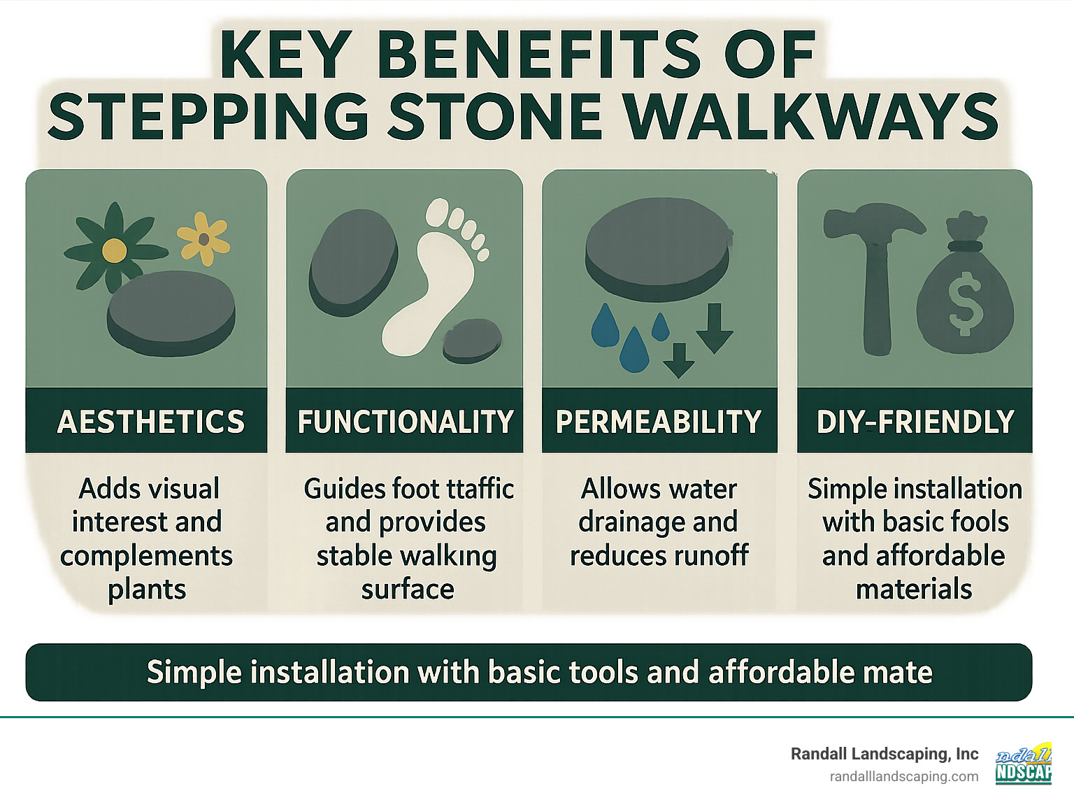 Infographic showing the four main benefits of stepping stone walkways: Aesthetics (adds visual interest and complements plants), Functionality (guides foot traffic and provides stable walking surface), Permeability (allows water drainage and reduces runoff), and DIY-Friendly (simple installation with basic tools and affordable materials) - walkways with stepping stones infographic Infographic showing the four main benefits of stepping stone walkways: Aesthetics (adds visual interest and complements plants), Functionality (guides foot traffic and provides stable walking surface), Permeability (allows water drainage and reduces runoff), and DIY-Friendly (simple installation with basic tools and affordable materials) - walkways with stepping stones infographic