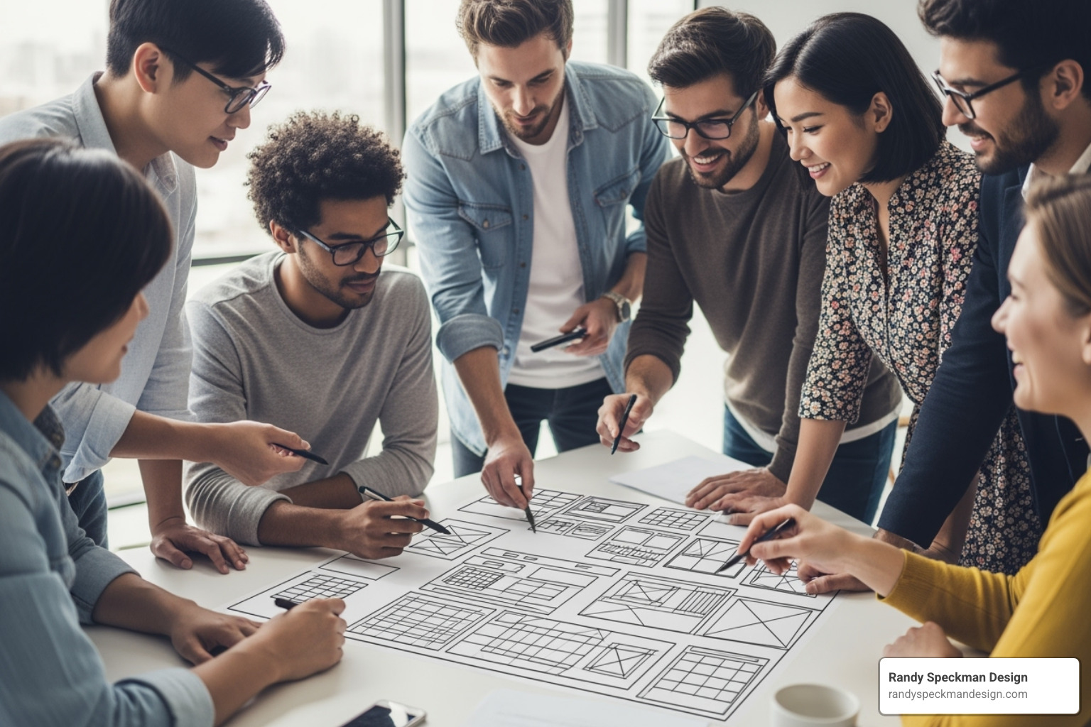 team collaborating on a wireframe - website redesign user experience
