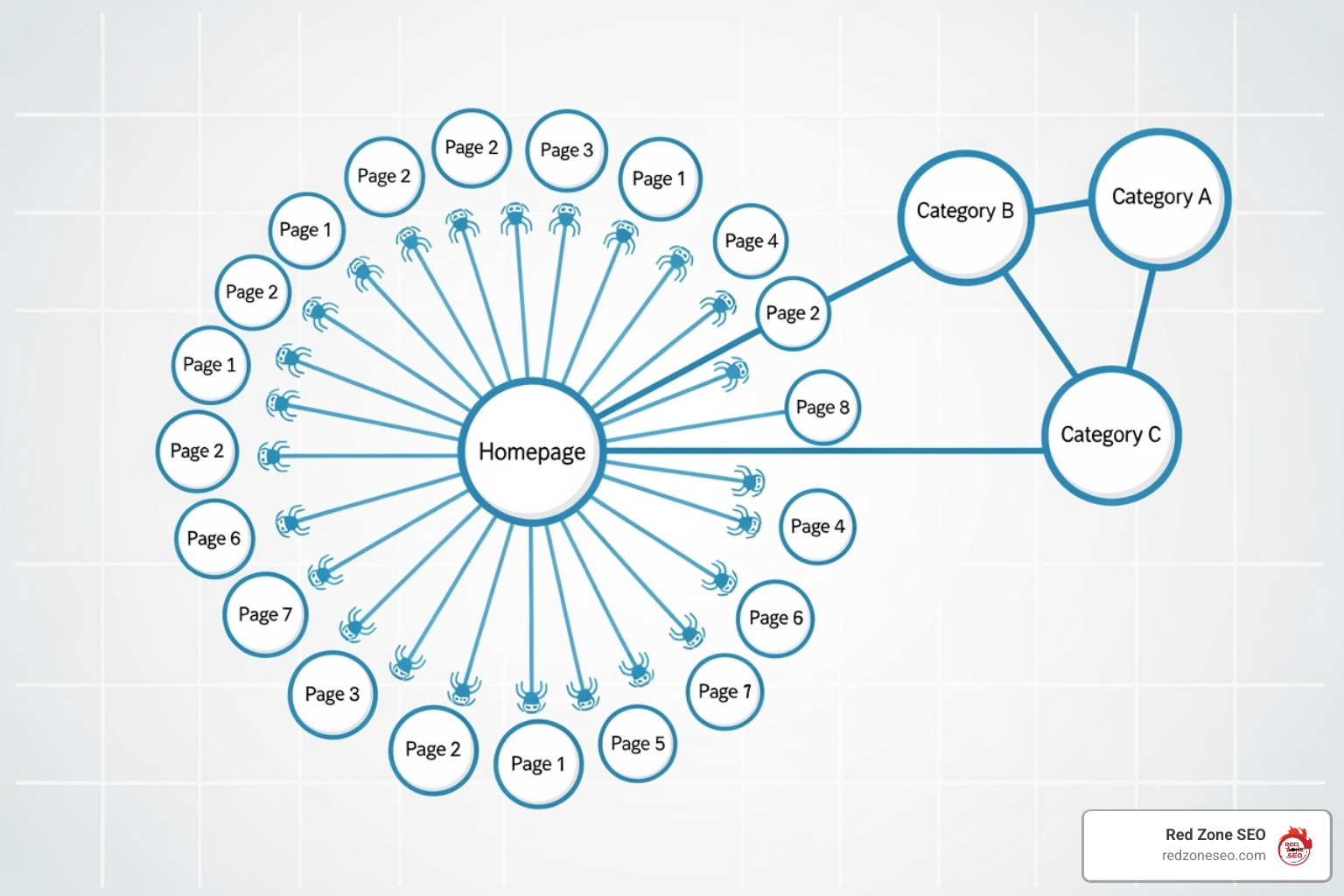 Complex website architecture diagram illustrating a flattened structure for better crawlability - seo for enterprise companies