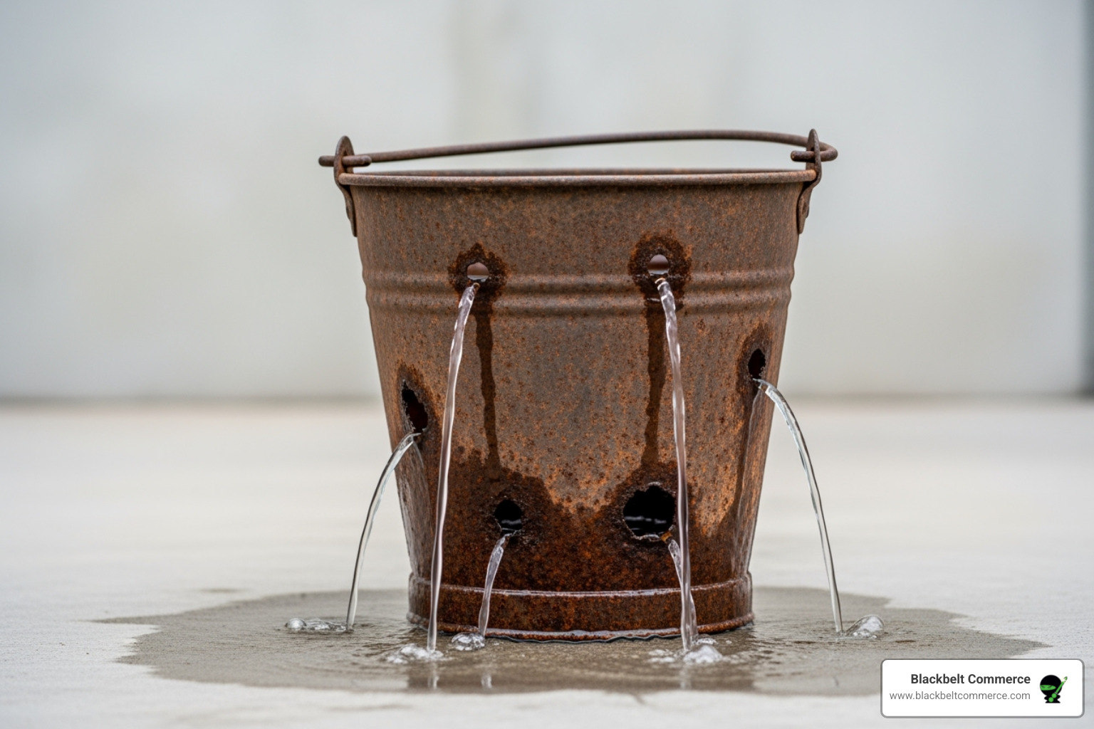 A leaky bucket representing a website losing customers without CRO - Shopify CRO services A leaky bucket representing a website losing customers without CRO - Shopify CRO services