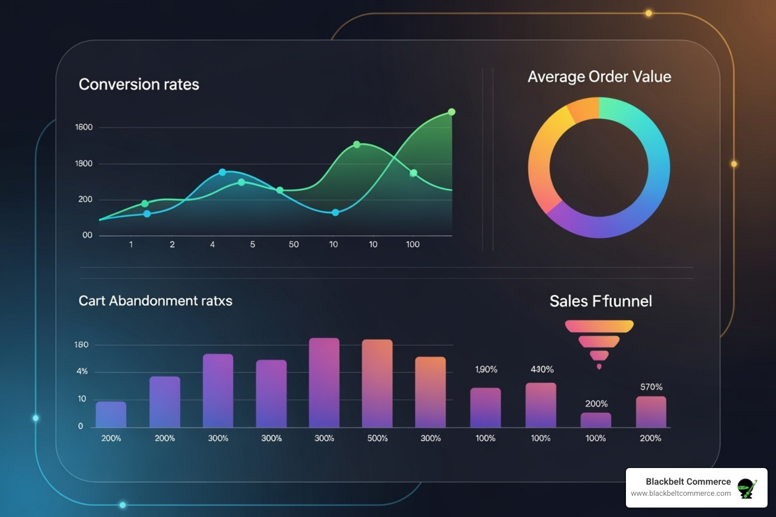 A dashboard showing key CRO metrics like conversion rate, average order value, and cart abandonment rate - Shopify CRO services A dashboard showing key CRO metrics like conversion rate, average order value, and cart abandonment rate - Shopify CRO services