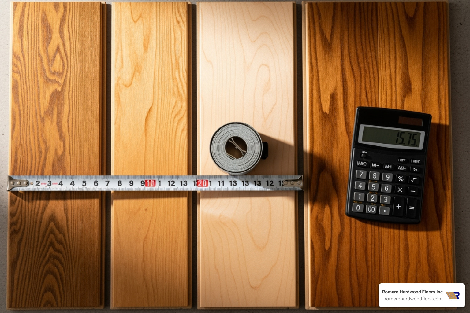 various hardwood flooring samples (oak, maple, hickory) next to a tape measure and calculator - Hardwood flooring installation guide