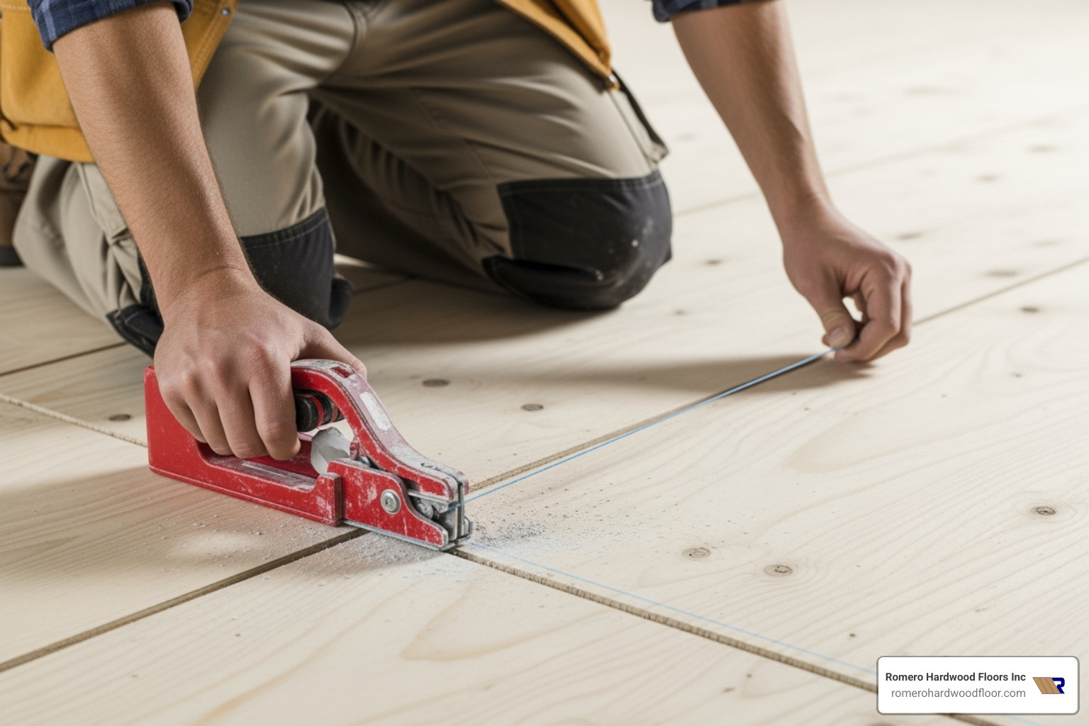 person snapping a chalk line on a prepared subfloor - Hardwood flooring installation guide