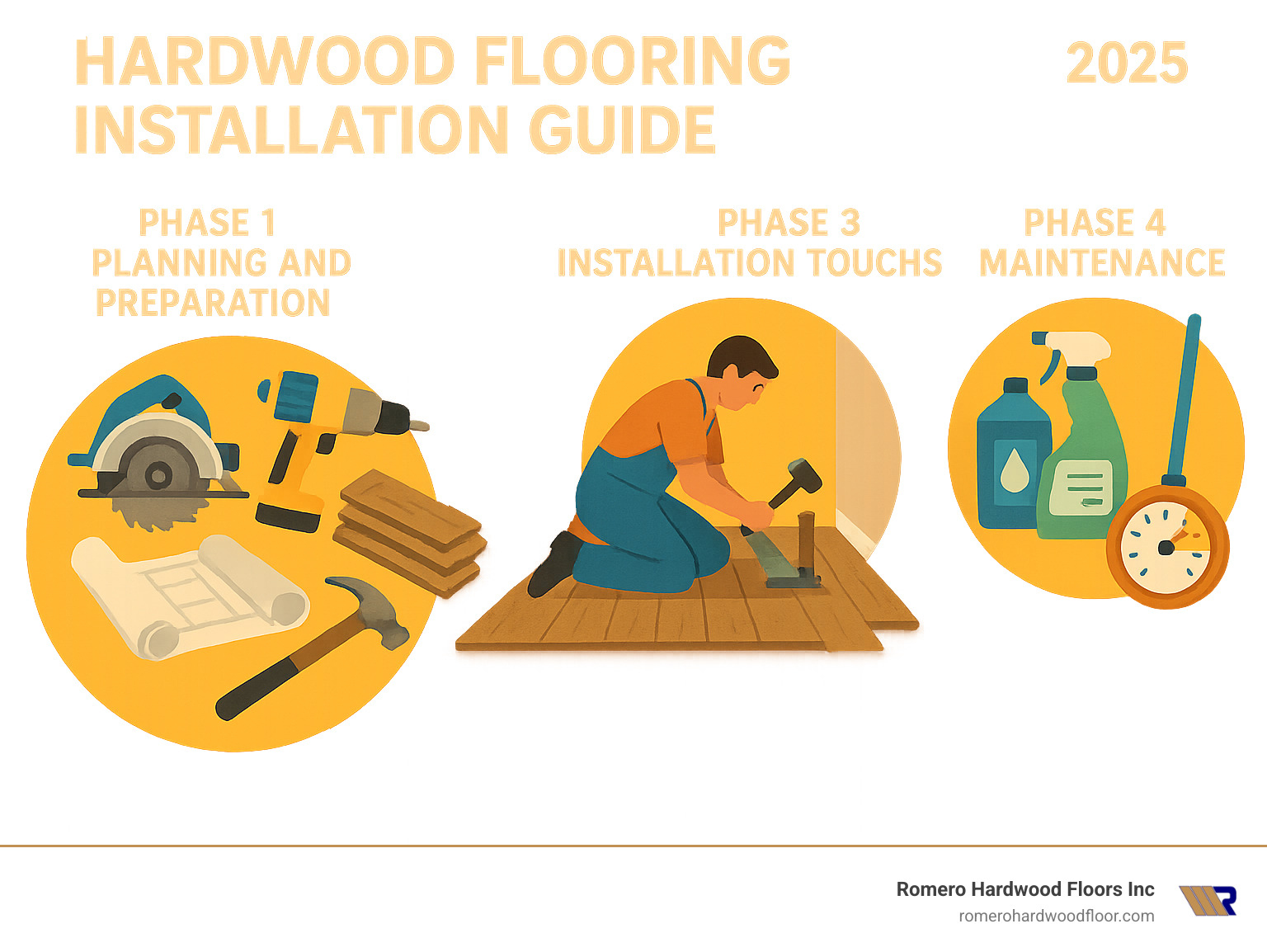Detailed infographic showing the 4 main phases of hardwood floor installation: Phase 1 Planning and Preparation with tools and materials, Phase 2 Installation Process showing nail-down technique, Phase 3 Finishing Touches with trim installation, and Phase 4 Maintenance with cleaning supplies and humidity control - Hardwood flooring installation guide infographic 