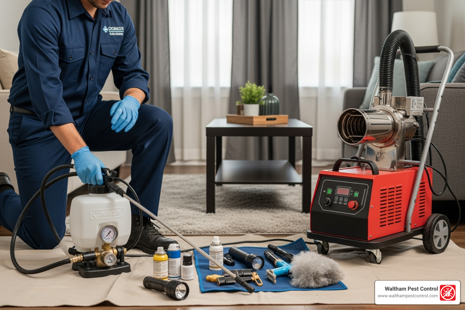 image of a pest control technician preparing equipment for a professional bed bug treatment - bed bug exterminator company