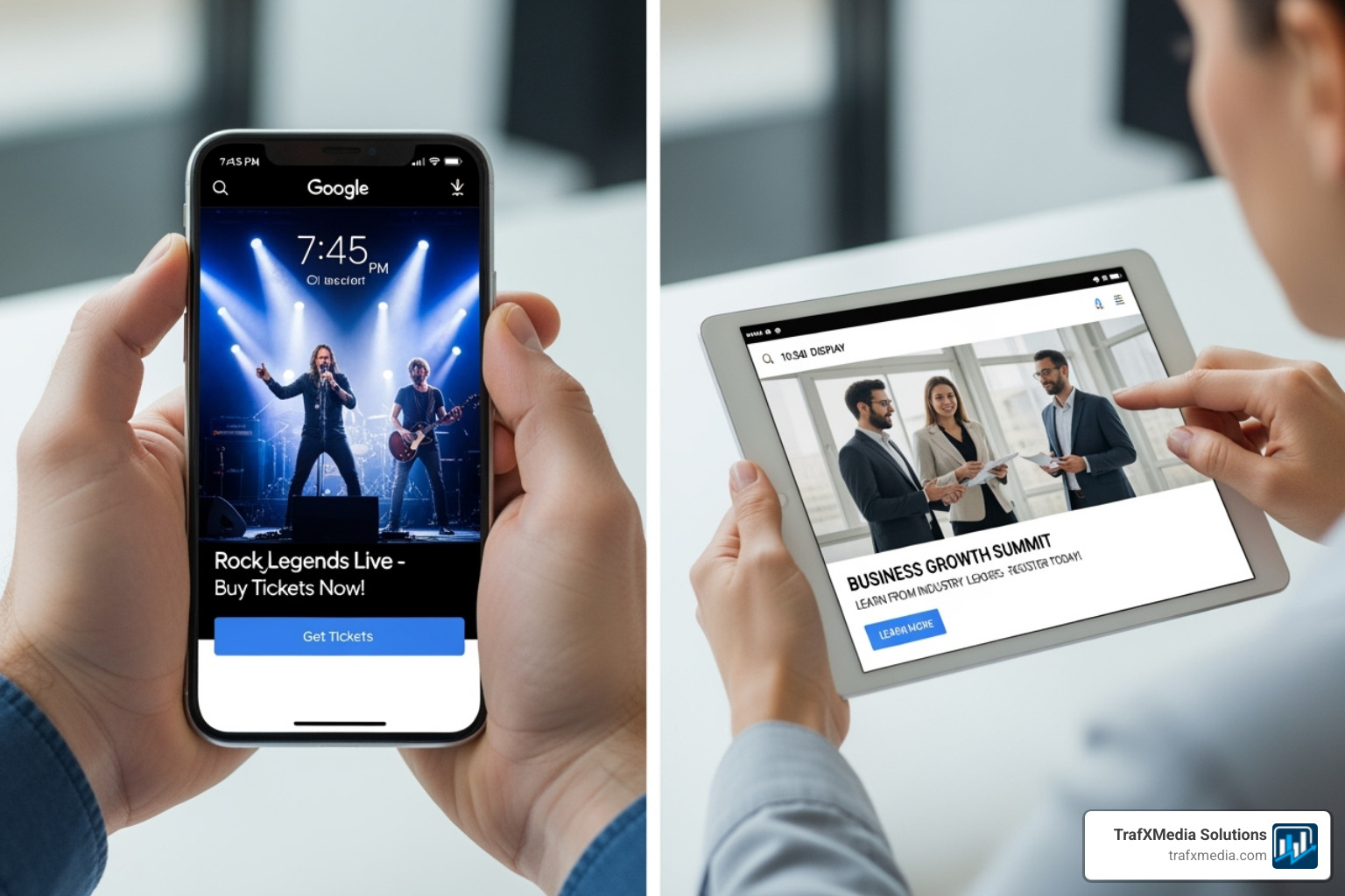 A split-screen showing a Google Search ad for a concert on a phone and a Google Display ad for a business seminar on a tablet, both featuring Caucasian people. - Google ads for events