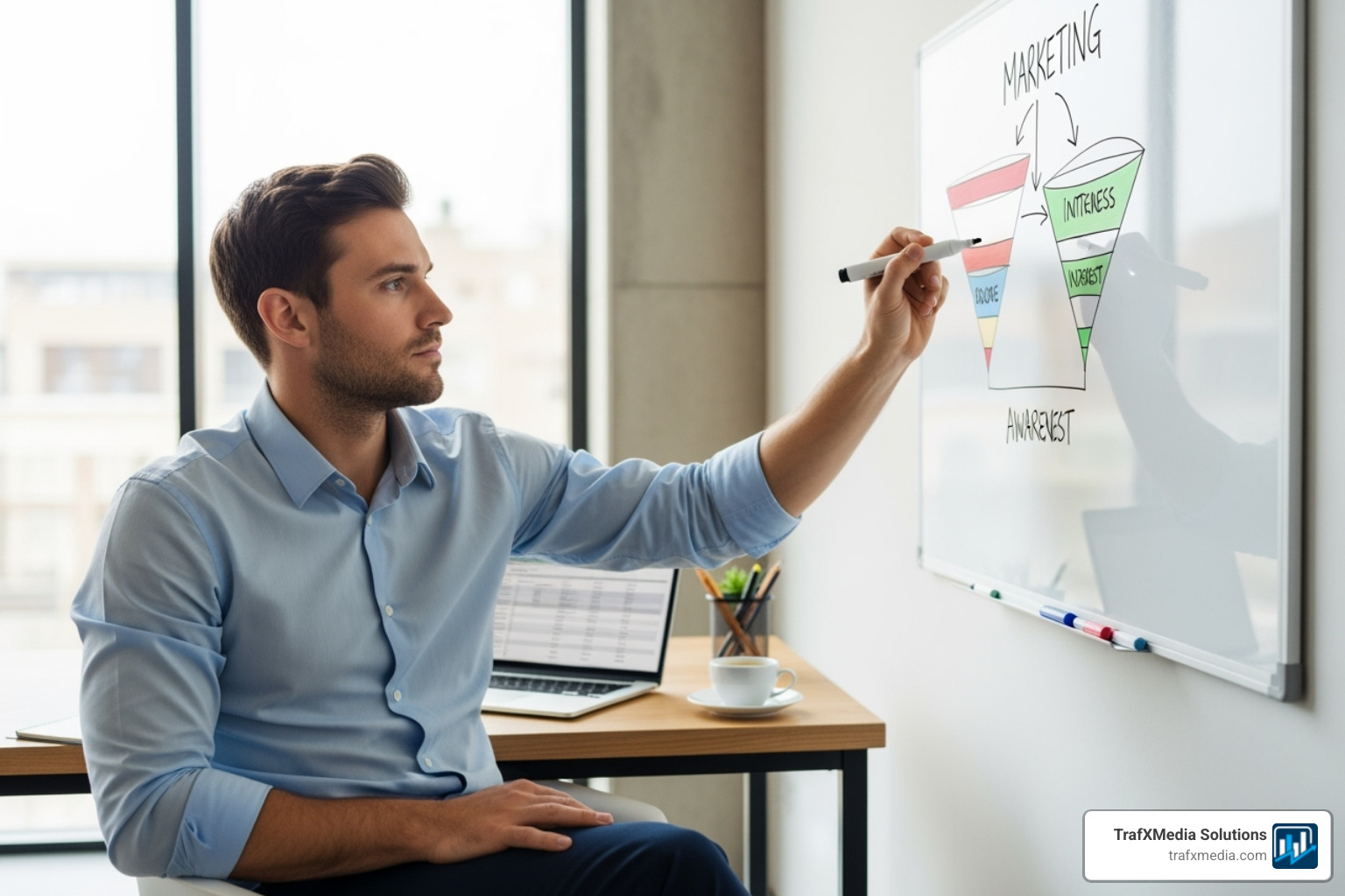 A marketing professional, a white male in his 30s, at a desk sketching out a campaign strategy on a whiteboard with a marketing funnel diagram, looking contemplative. - Google ads for events