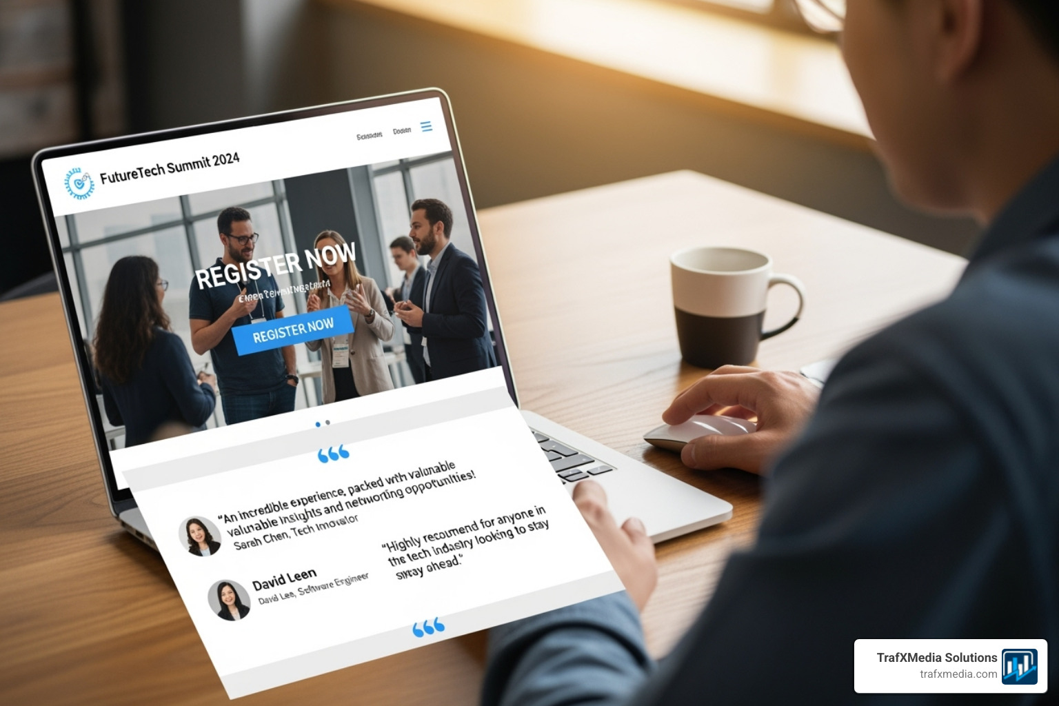 A well-designed event registration landing page on a laptop, showing a clear 'Register Now' button and testimonials from past attendees, with a Caucasian male user interacting. - Google ads for events