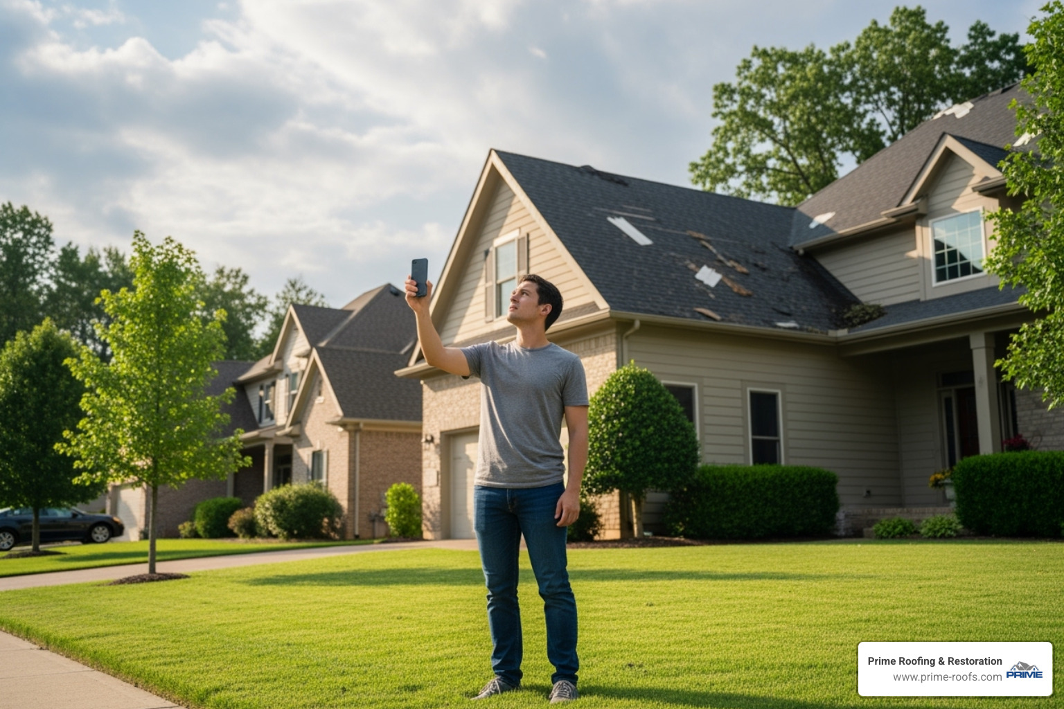homeowner safely taking photos of roof damage - Storm damage Orange Beach
