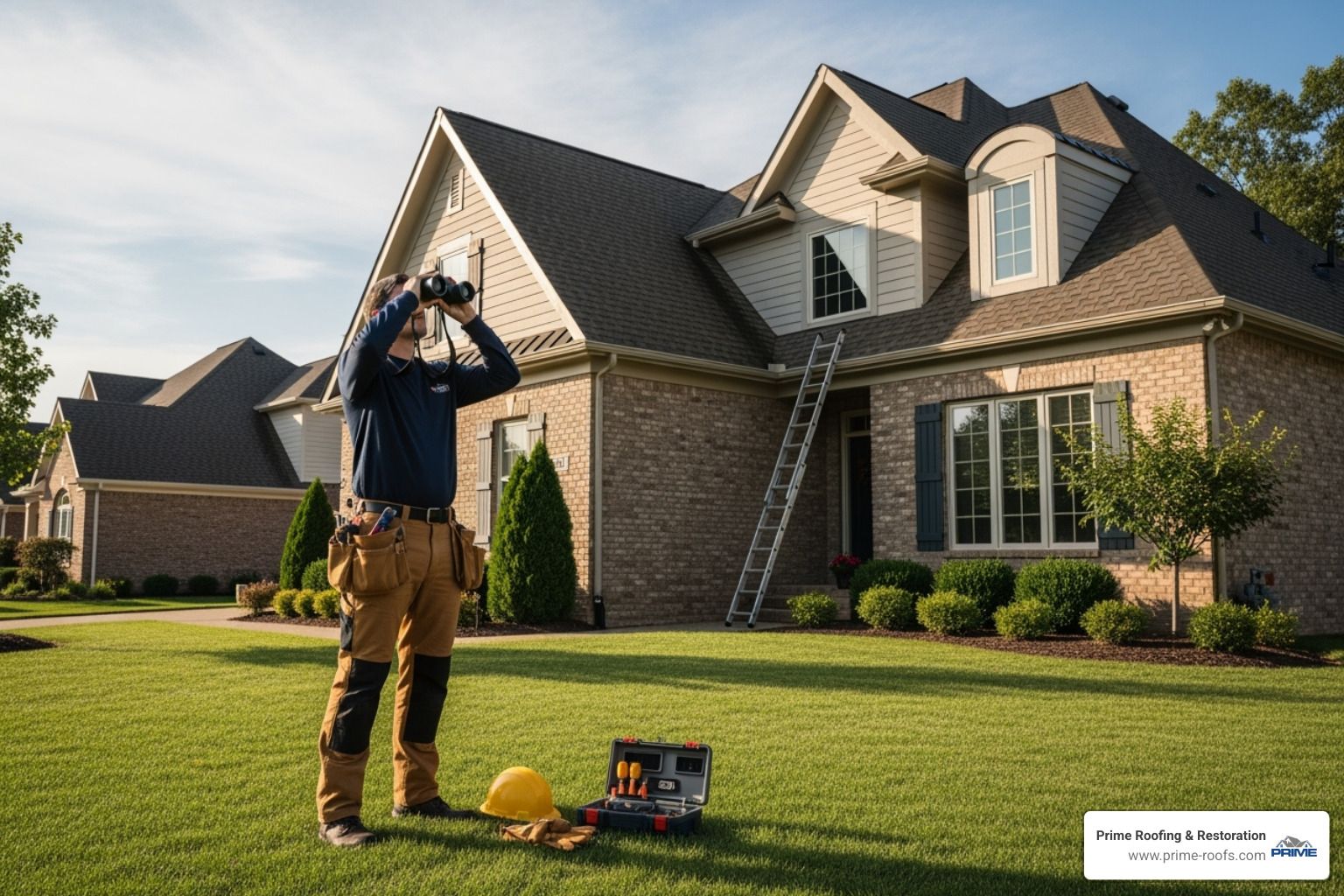 person safely inspecting their roof from the ground with binoculars - Alabama roof repair person safely inspecting their roof from the ground with binoculars - Alabama roof repair