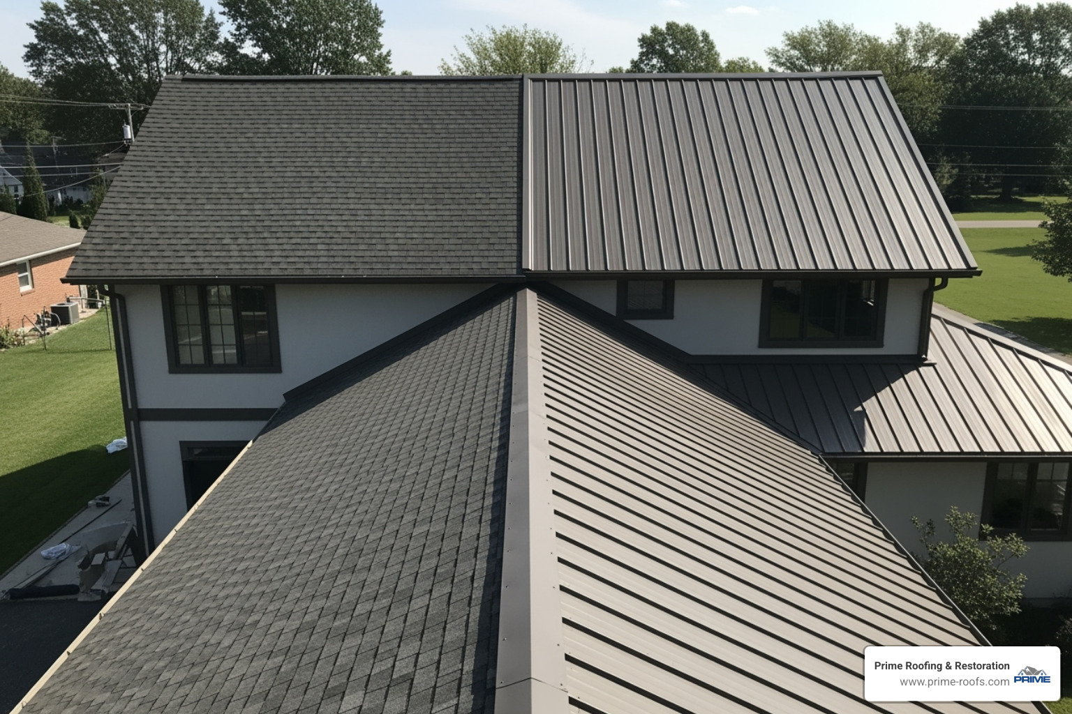 comparison of asphalt shingles and a metal roof on a split-screen style home - Alabama roof repair comparison of asphalt shingles and a metal roof on a split-screen style home - Alabama roof repair