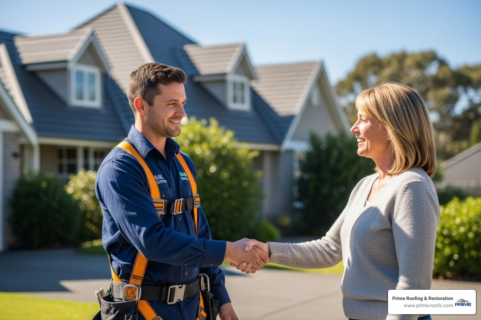 friendly, professional roofer in uniform shaking hands with a homeowner - Alabama roof repair friendly, professional roofer in uniform shaking hands with a homeowner - Alabama roof repair