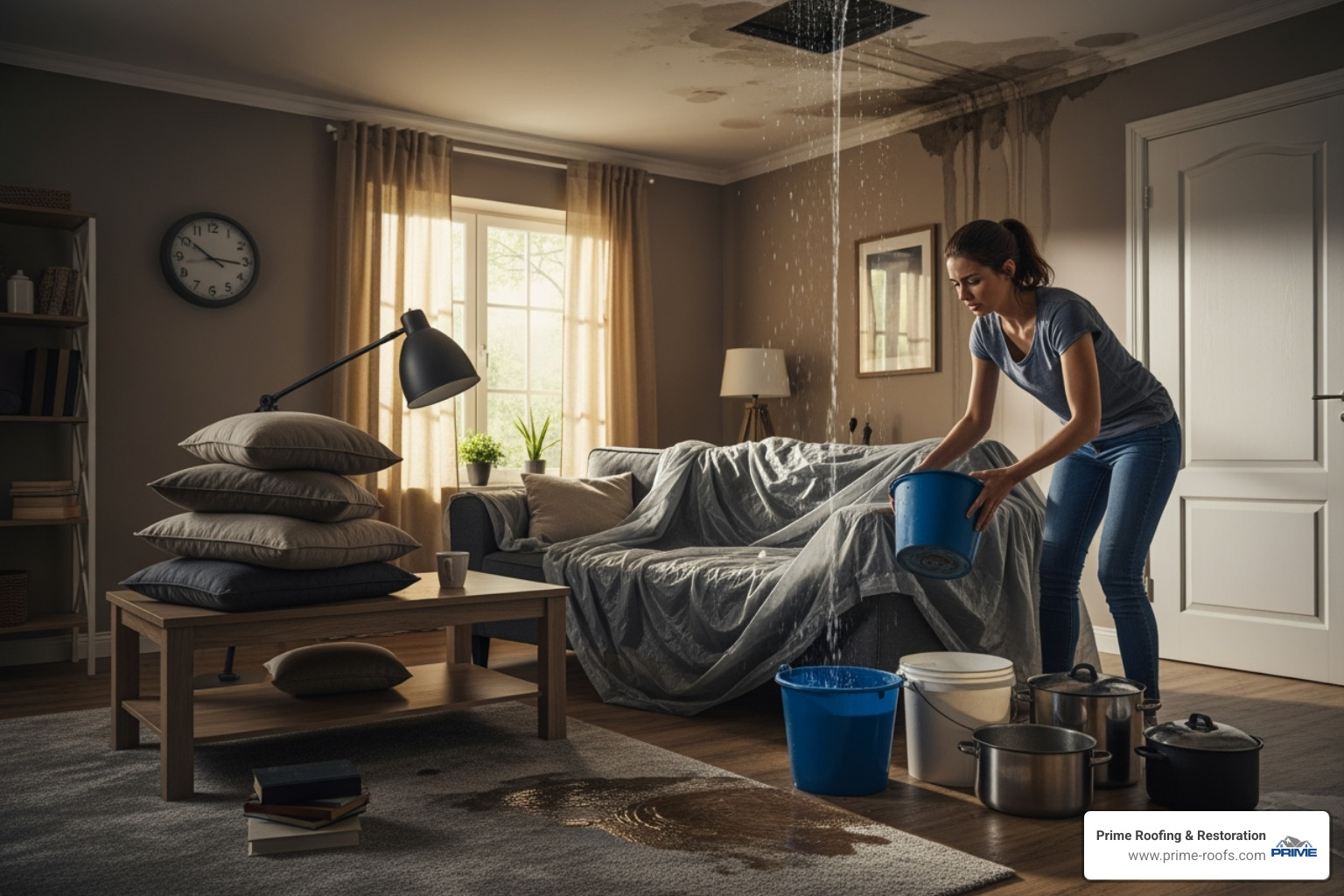 A homeowner placing buckets under a ceiling leak and moving furniture to protect belongings - Emergency roof service