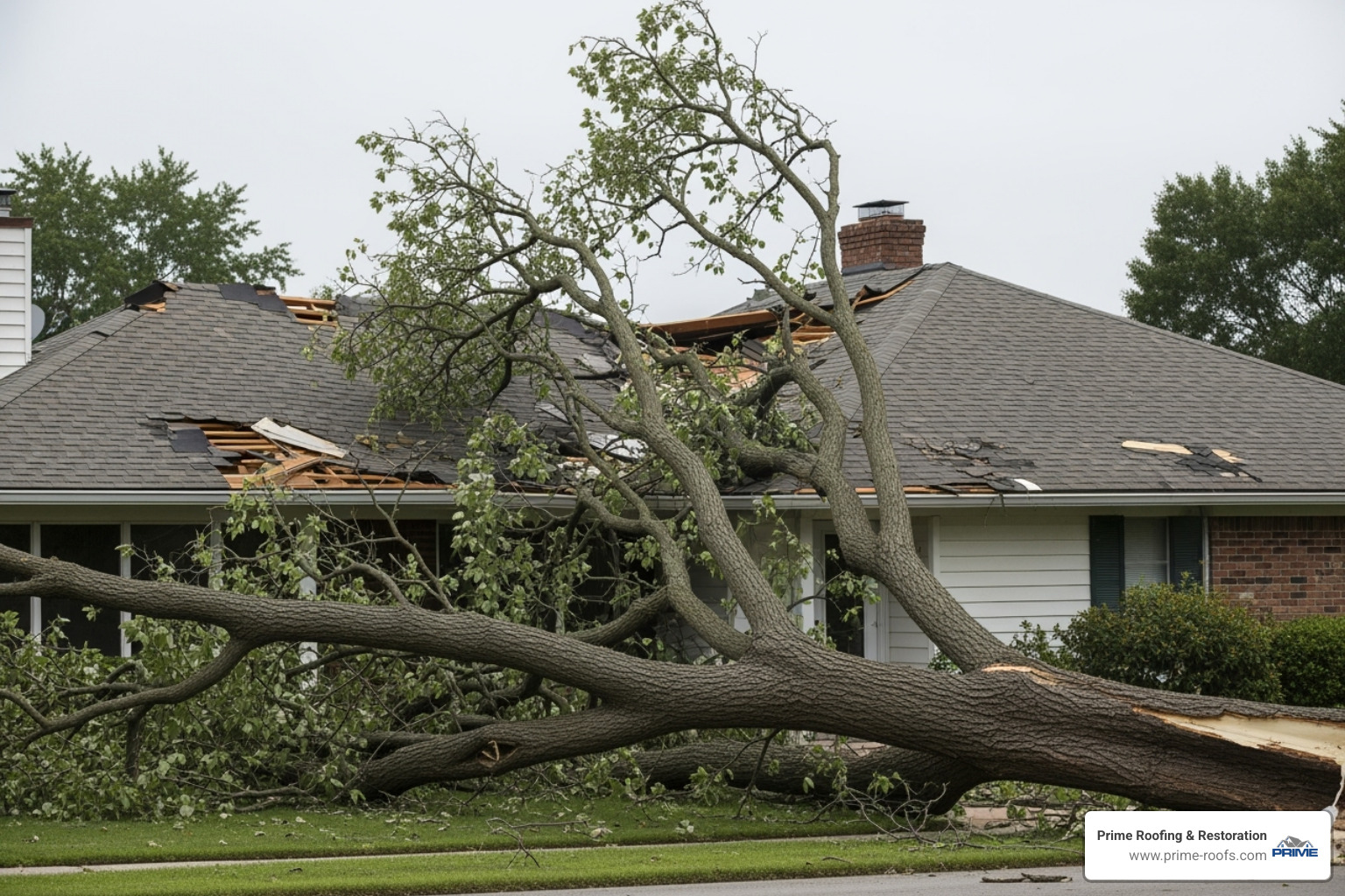 A large tree branch has fallen on a residential roof, causing significant damage - Emergency roof service