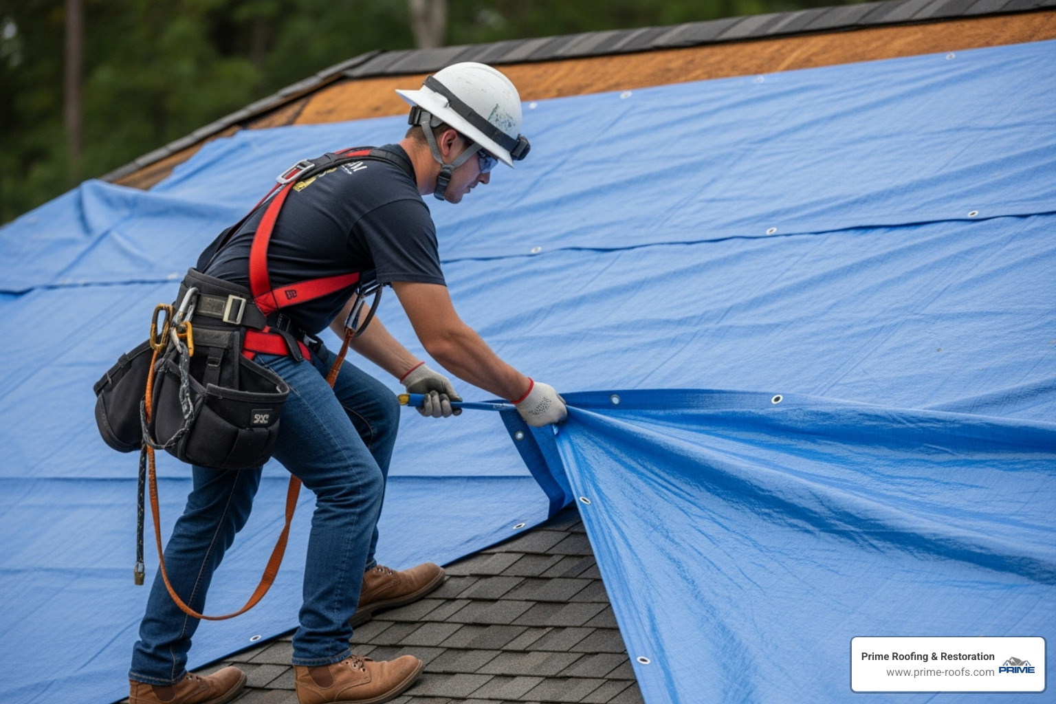 A professional roofer, wearing a safety harness, is applying an emergency tarp to a damaged roof. - Emergency roof service