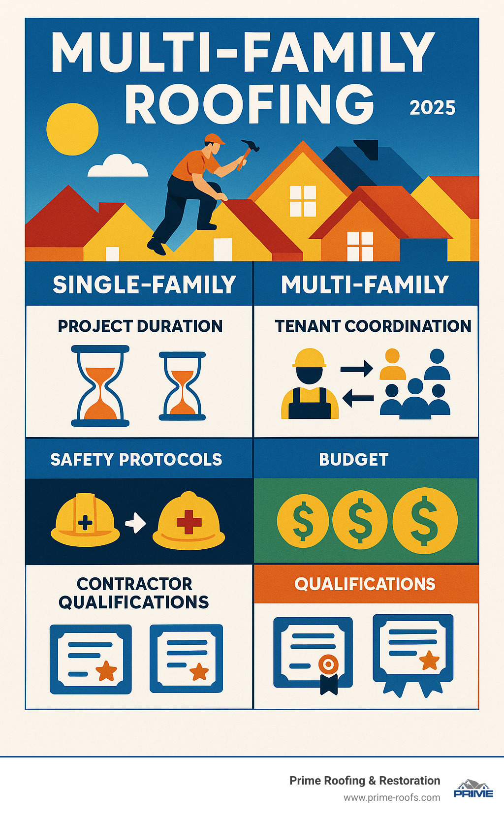 Infographic showing the key differences between single-family and multi-family roofing projects, including project duration, tenant coordination requirements, safety protocols, budget considerations, and contractor qualifications needed - multi family roofing infographic 