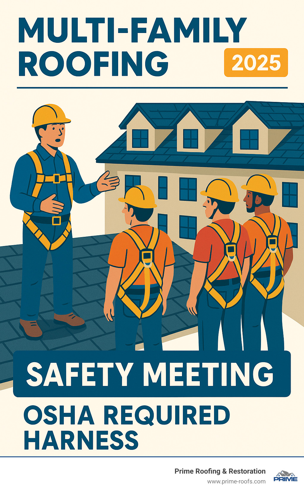 Image of a roofing team in a pre-work safety meeting, all wearing proper OSHA required safety harnesses. - multi family roofing