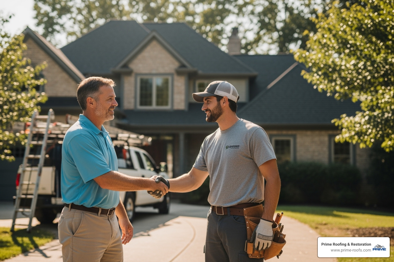 Homeowner shaking hands with a professional roofer - roofing orange beach al