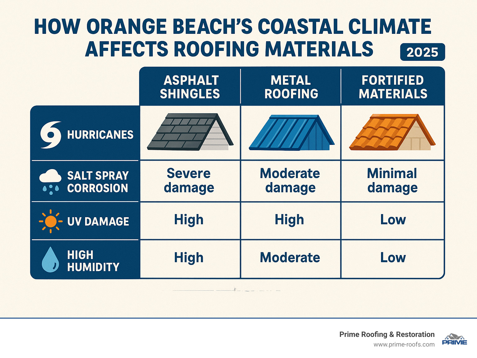 Comprehensive comparison chart showing how Orange Beach's coastal climate affects different roofing materials including impact from hurricanes, salt spray corrosion, UV damage, and high humidity on asphalt shingles, metal roofing, and fortified materials - roofing orange beach al infographic 