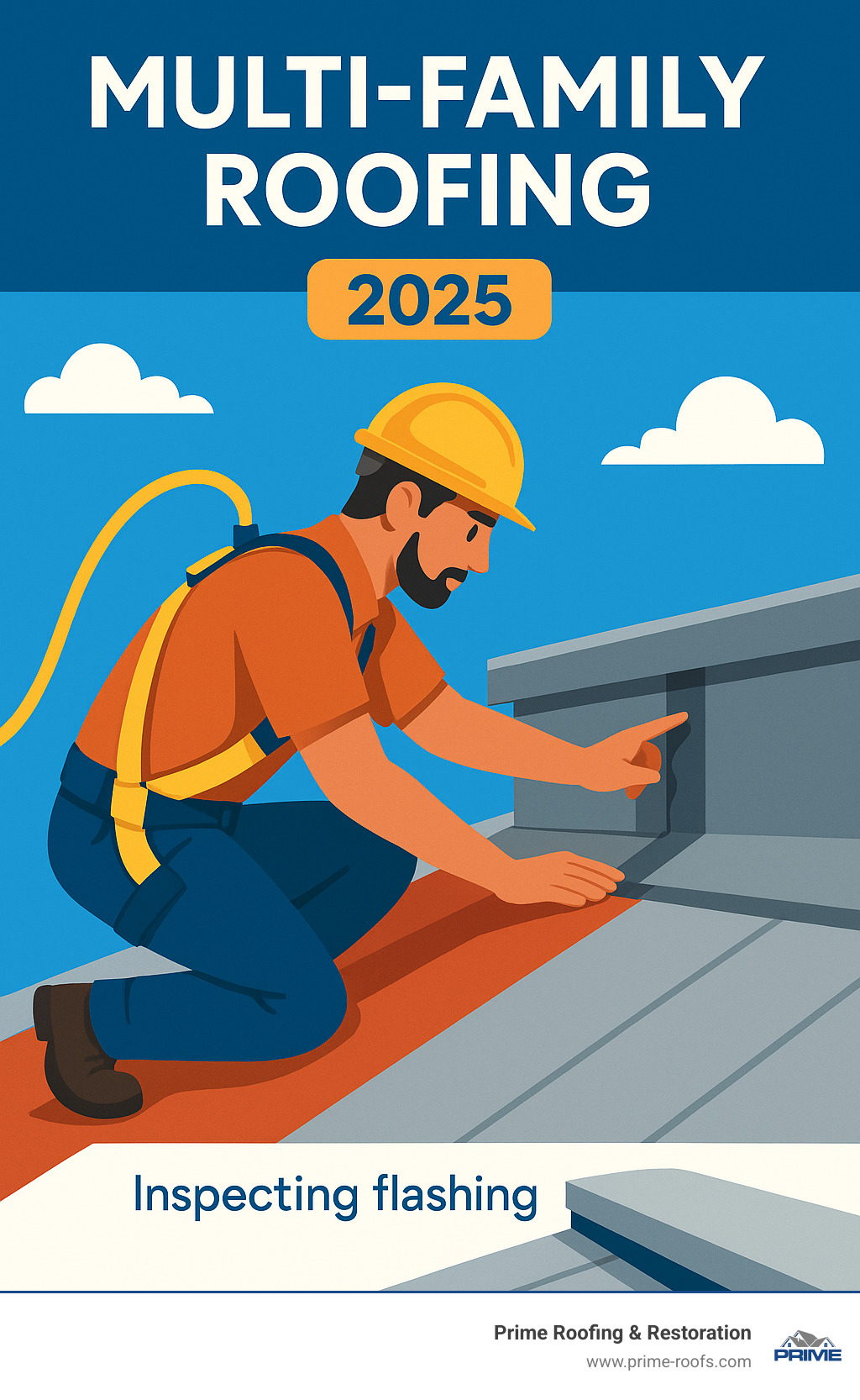 Image of a roofer wearing a safety harness, inspecting flashing on a commercial-style roof. - multi family roofing