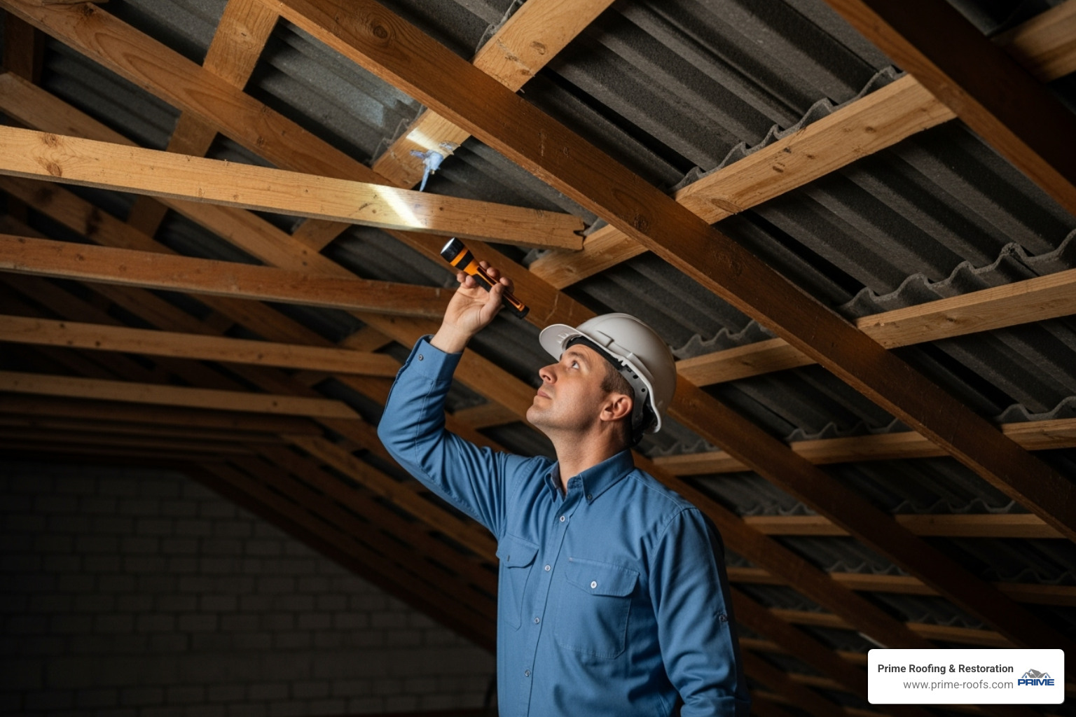 of an inspector in an attic looking for signs of water damage on the roof decking - Roof inspection cost