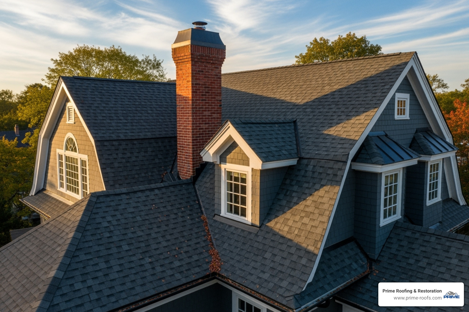 showing a complex roof with multiple slopes, dormers, and a chimney - Roof inspection cost