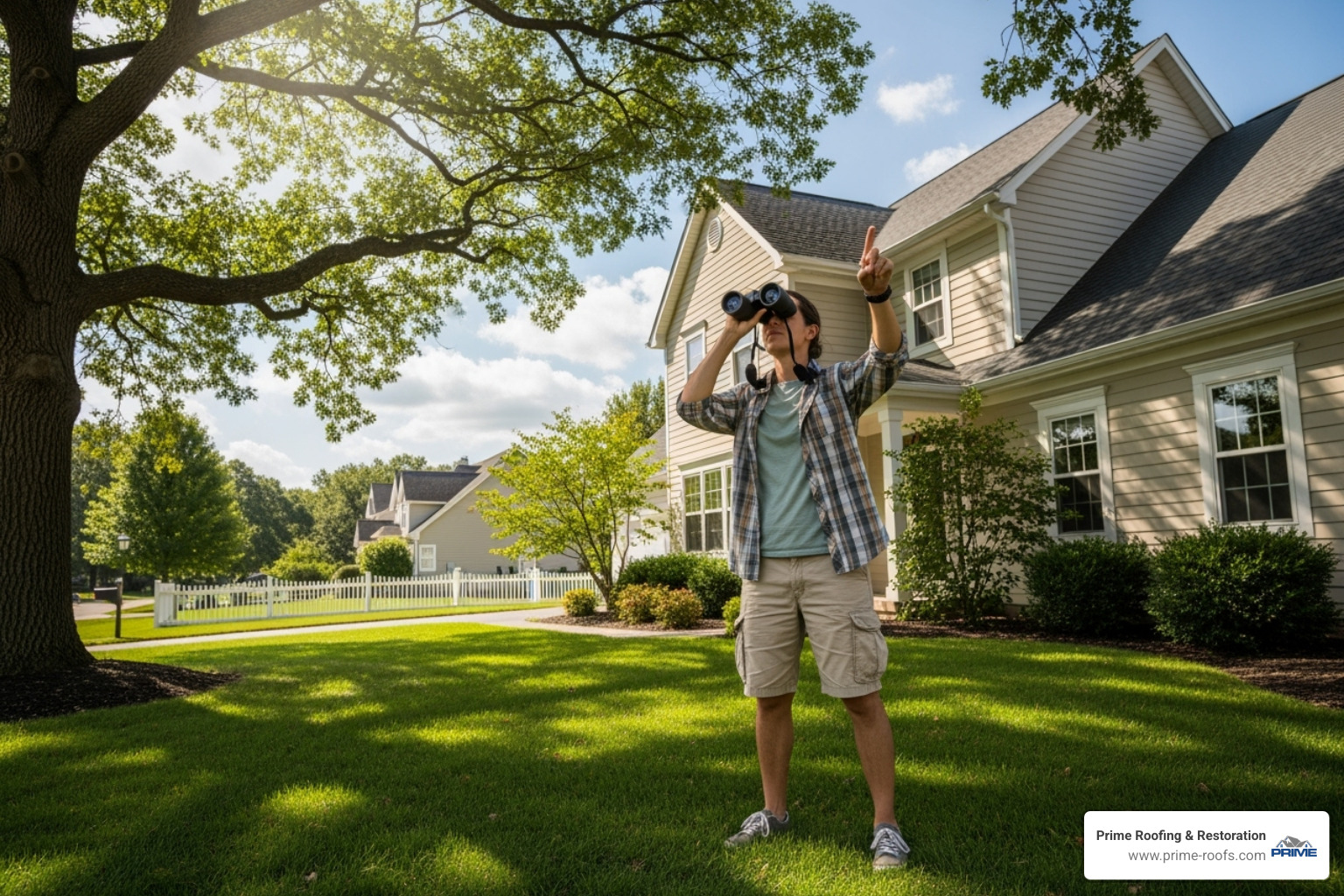 of a homeowner inspecting their roof with binoculars from the ground - Licensed roof contractor