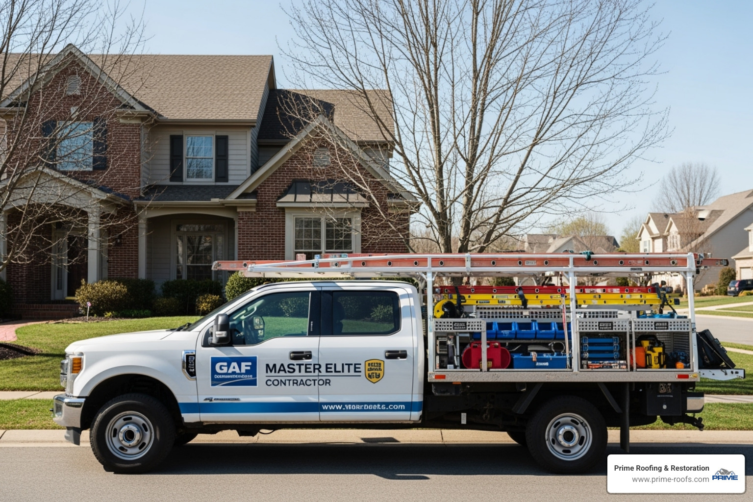 of a GAF Master Elite certified contractor logo on a truck - Licensed roof contractor
