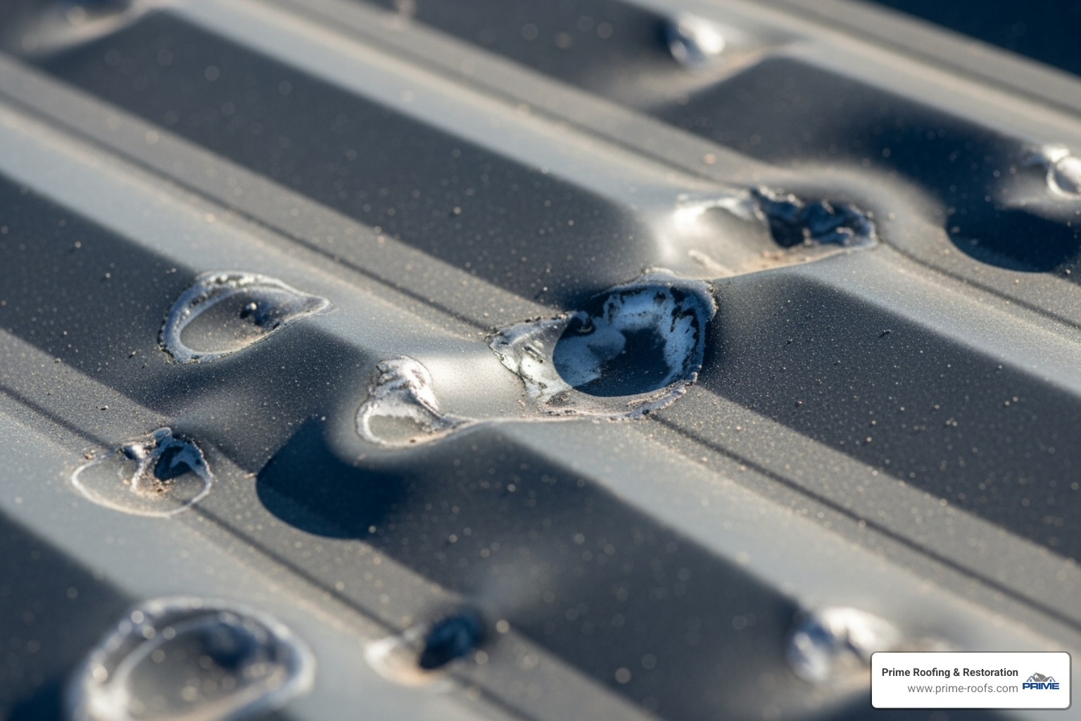 A metal roof panel showing multiple dents from hail impact - Hail damage roof repair A metal roof panel showing multiple dents from hail impact - Hail damage roof repair