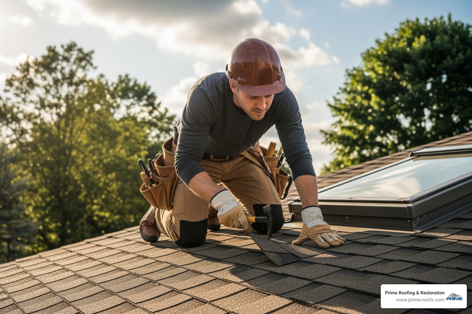 A professional roofer carefully inspecting a roof for hidden damage - Hail damage roof repair A professional roofer carefully inspecting a roof for hidden damage - Hail damage roof repair