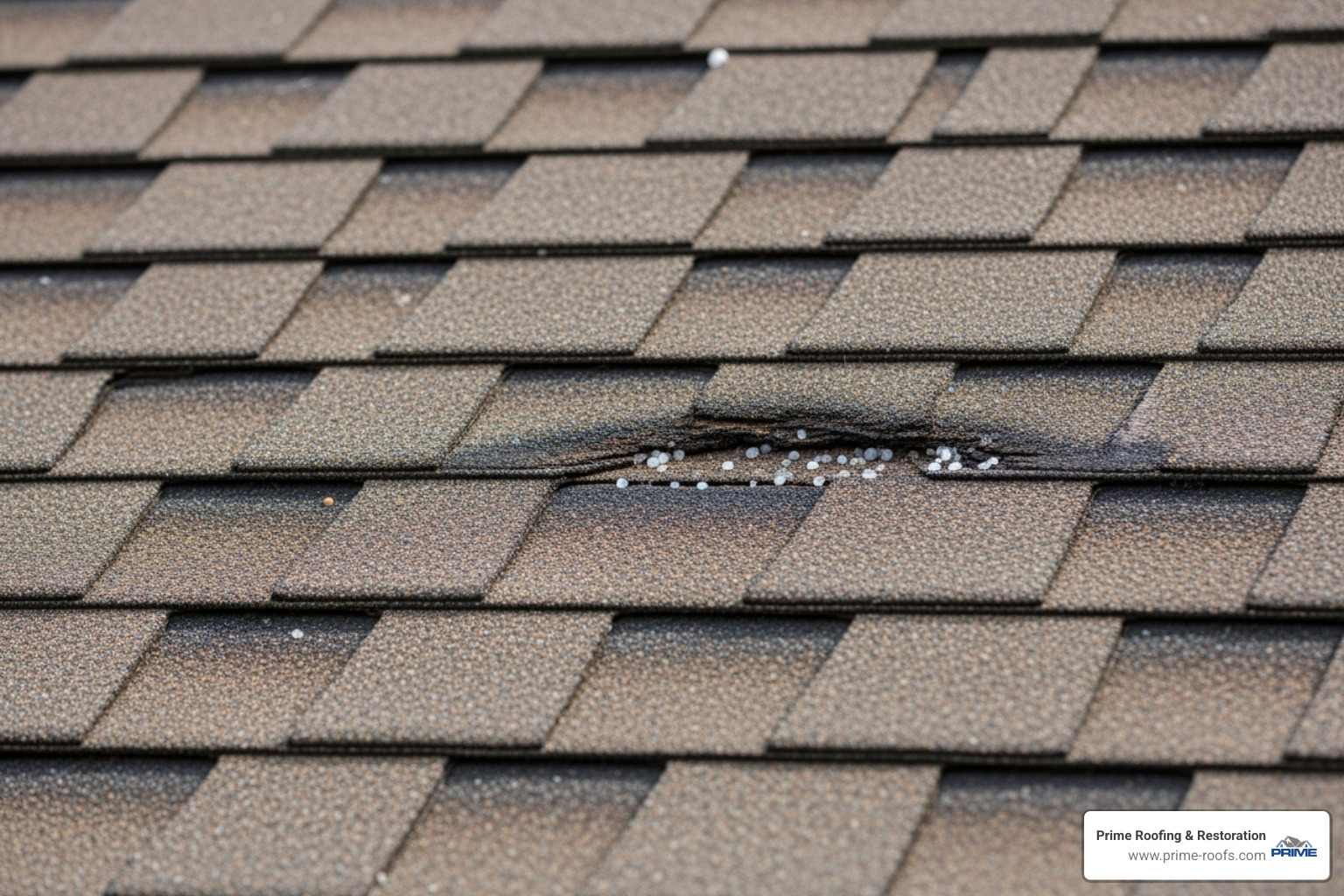 Asphalt shingles with visible granule loss and bruising from hail impact - Hail damage roof repair Asphalt shingles with visible granule loss and bruising from hail impact - Hail damage roof repair