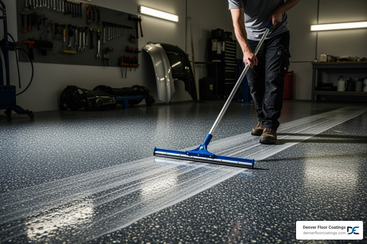 person easily cleaning a textured epoxy floor with a squeegee - anti slip epoxy flooring