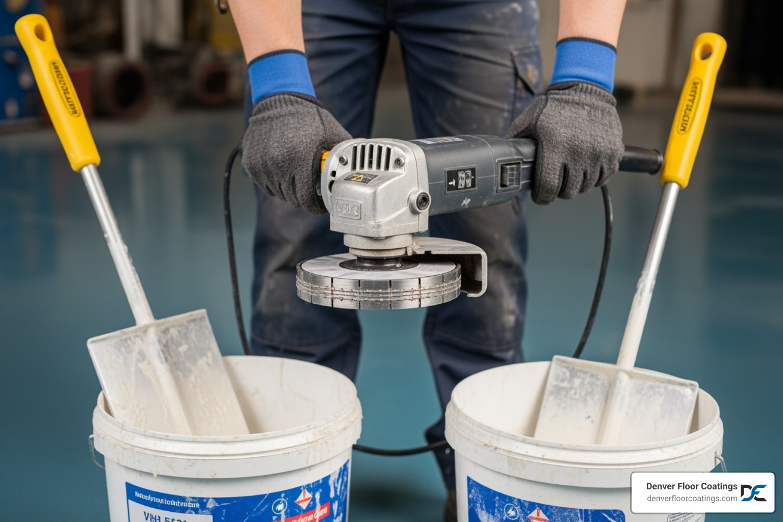 Professional tools for epoxy installation including a diamond grinder and mixing paddles - Epoxy floor installation process