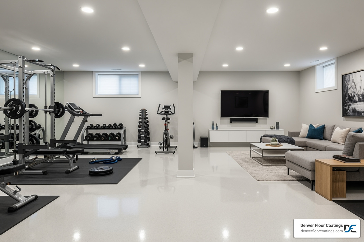 coated basement floor used as a home gym or entertainment area - concrete coating companies