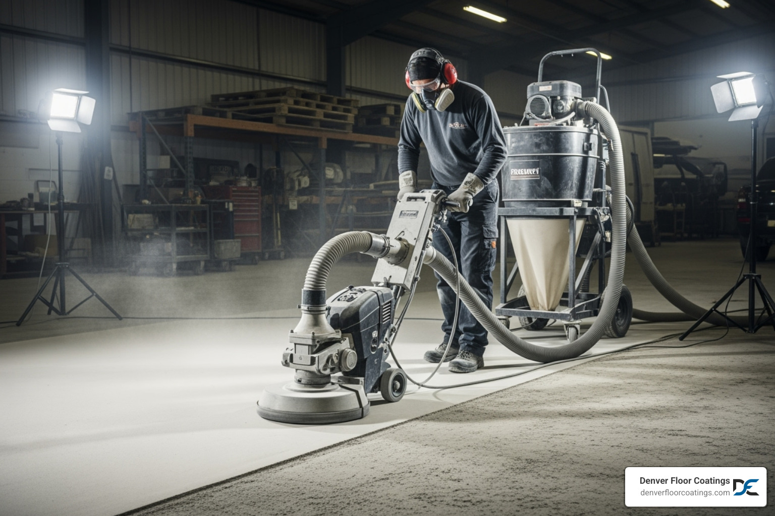 professional using a diamond grinder for surface preparation - concrete coating companies