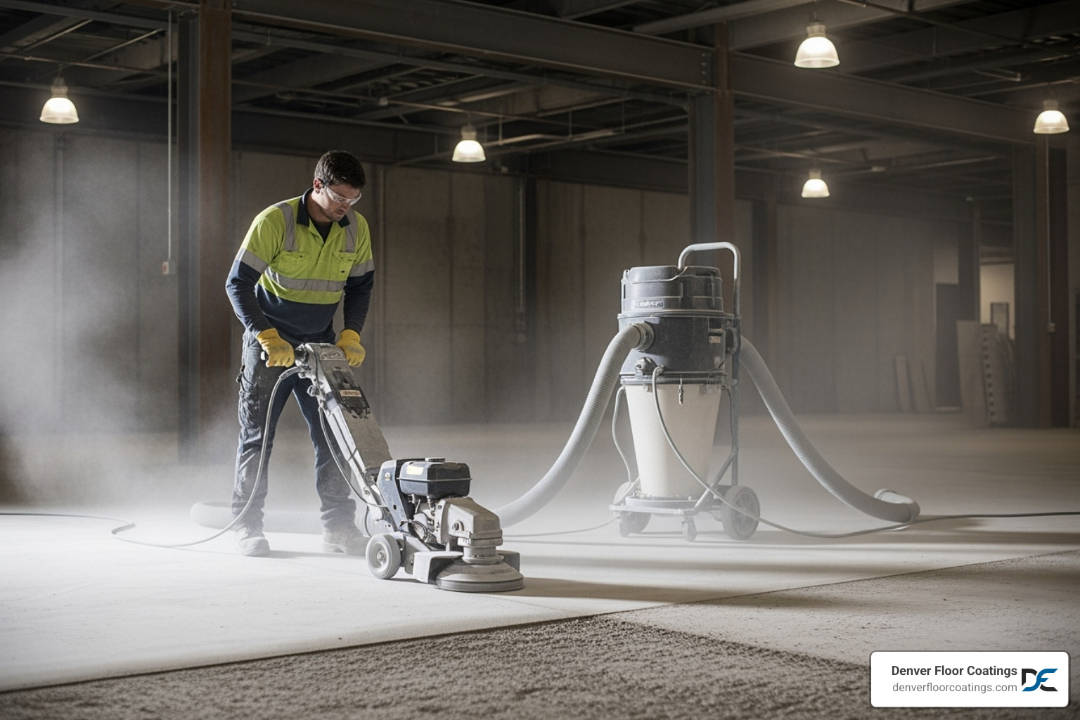 Professional using a diamond grinder to prepare a concrete surface - High-performance concrete coatings