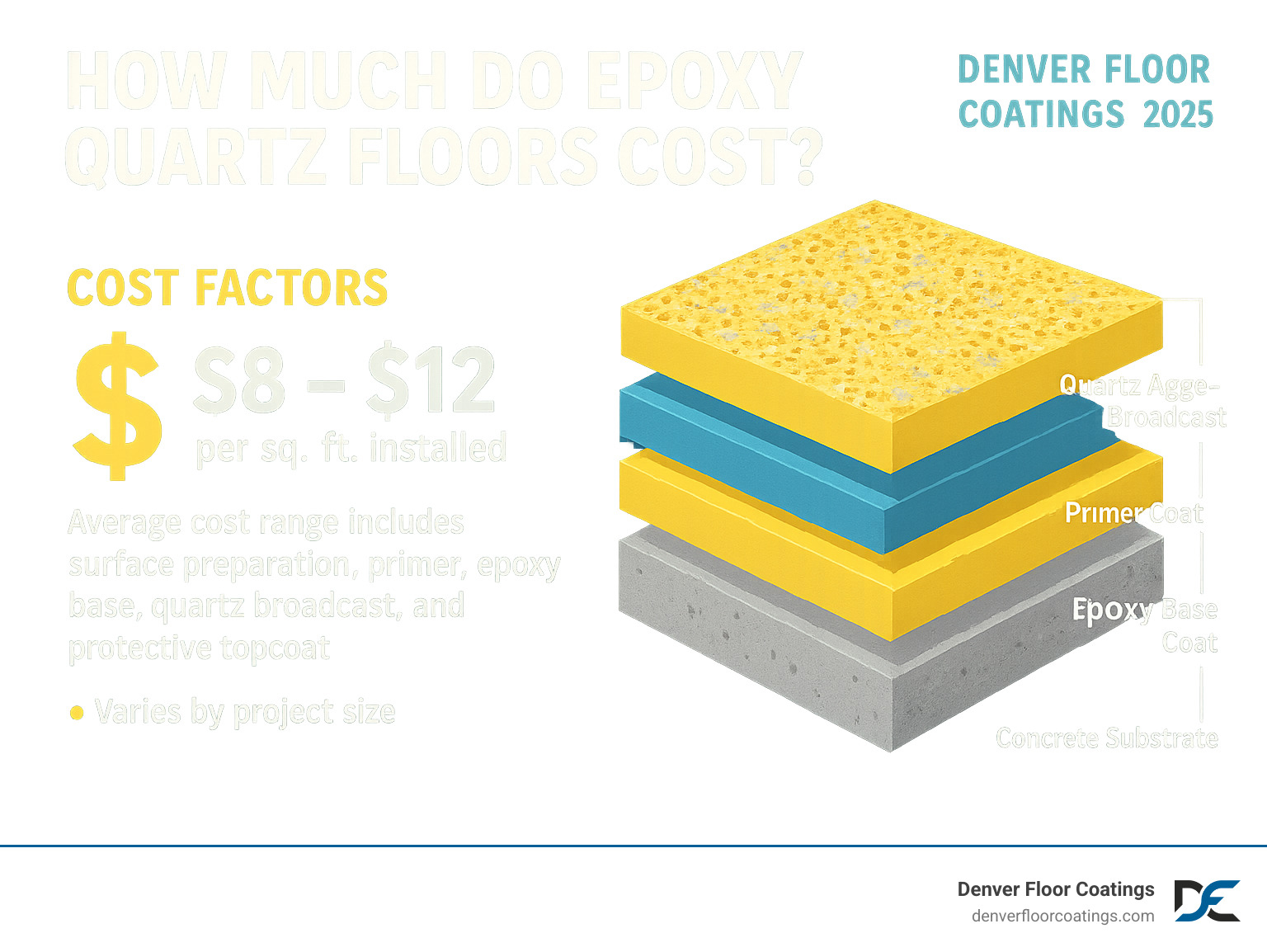Detailed breakdown of epoxy quartz floor system layers showing concrete substrate, primer coat, epoxy base coat, quartz aggregate broadcast, and protective topcoat with cost factors - how much do epoxy quartz floors cost infographic Detailed breakdown of epoxy quartz floor system layers showing concrete substrate, primer coat, epoxy base coat, quartz aggregate broadcast, and protective topcoat with cost factors - how much do epoxy quartz floors cost infographic