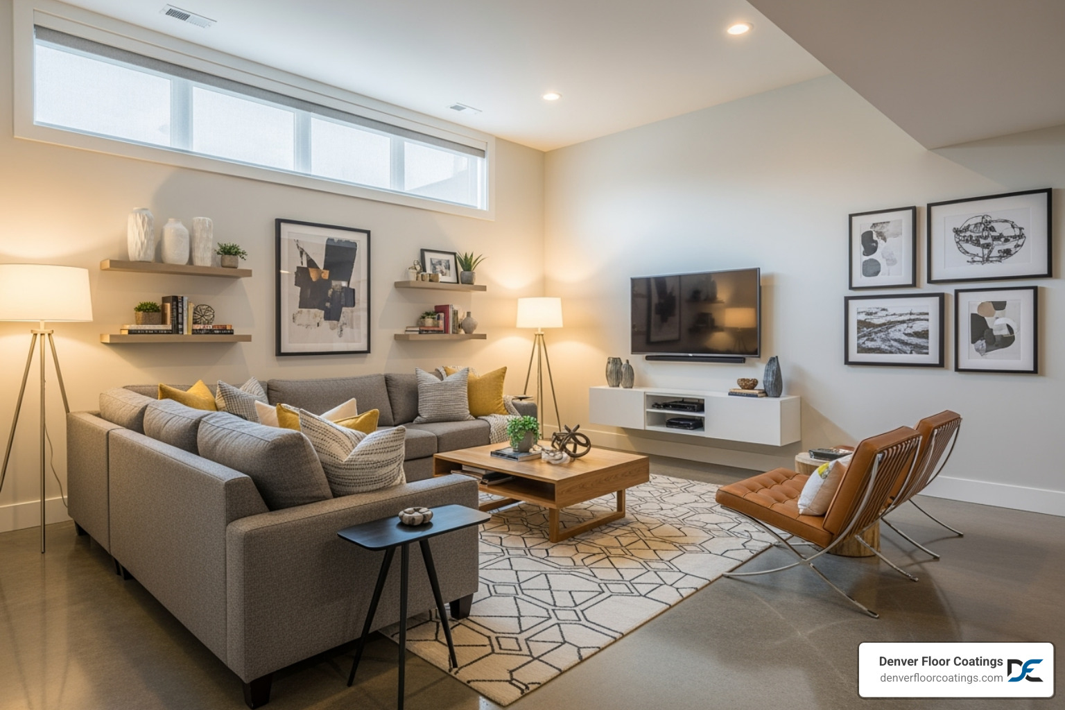 A stylish basement family room with a polished concrete look coating, featuring a subtle sheen and modern furniture - best floor covering for concrete basement A stylish basement family room with a polished concrete look coating, featuring a subtle sheen and modern furniture - best floor covering for concrete basement