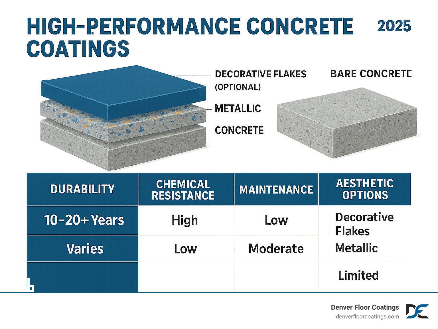 Detailed comparison infographic showing the layered structure of high-performance concrete coating systems versus bare concrete, highlighting durability ratings, chemical resistance levels, maintenance requirements, and aesthetic options including decorative flakes and metallic finishes - High-performance concrete coatings infographic 