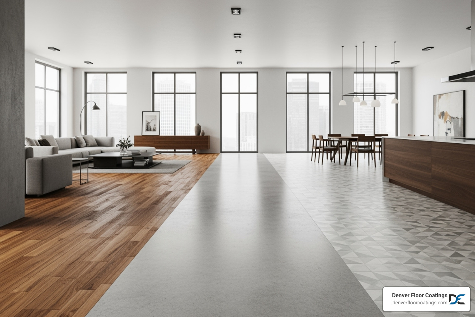 a modern interior showing a finished concrete floor alongside other materials like wood and tile - finished concrete floors cost a modern interior showing a finished concrete floor alongside other materials like wood and tile - finished concrete floors cost