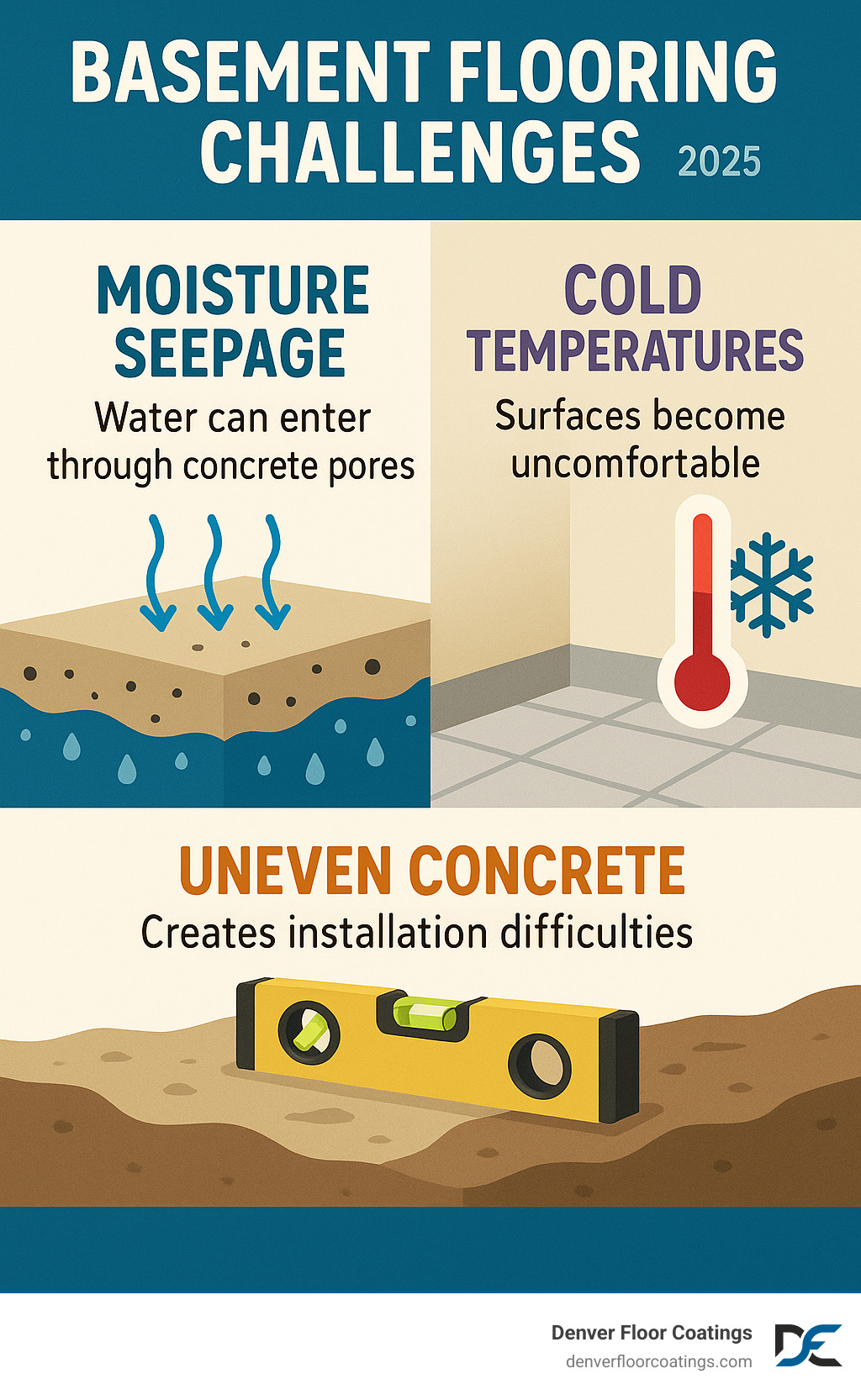 Infographic showing basement flooring challenges: moisture seepage through concrete pores, cold temperatures making surfaces uncomfortable, and uneven concrete creating installation difficulties - best floor covering for concrete basement infographic Infographic showing basement flooring challenges: moisture seepage through concrete pores, cold temperatures making surfaces uncomfortable, and uneven concrete creating installation difficulties - best floor covering for concrete basement infographic