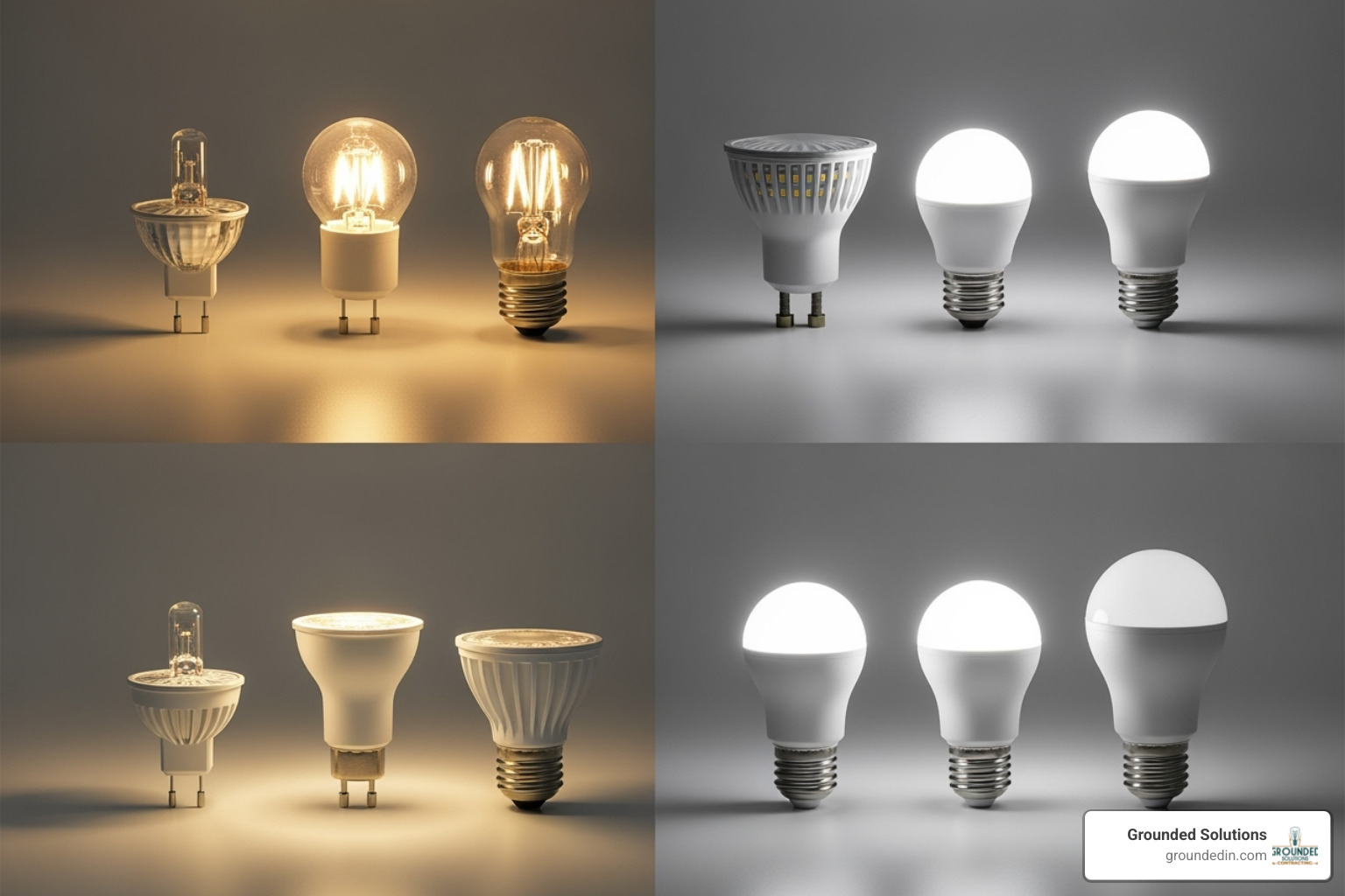 Side-by-side bulb chart showing various halogen bulb types and their corresponding LED replacements - Replace halogen with LED